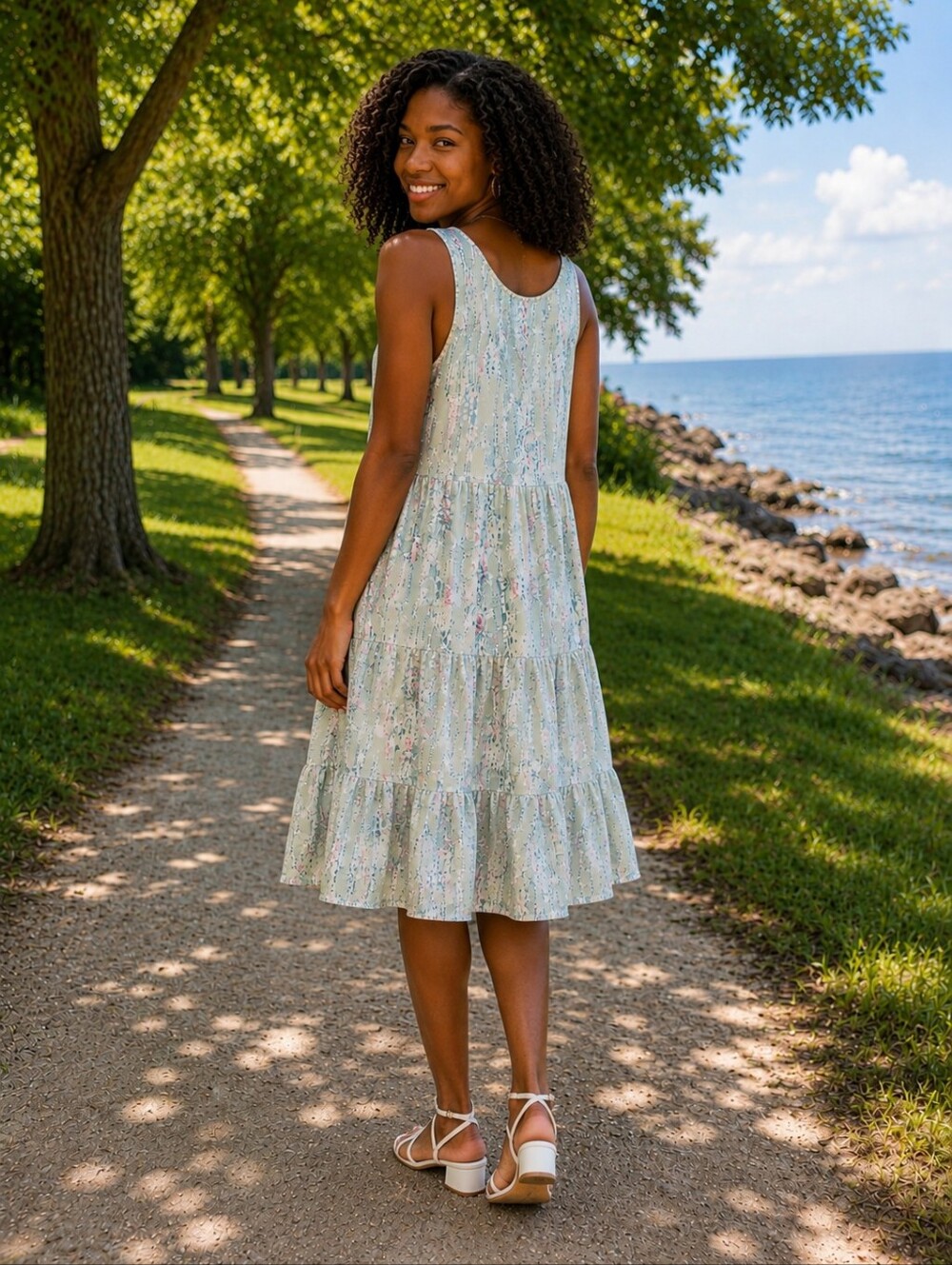 "Vintage Inspired Boho Tiered Midi Sundress - Groovy Pastel Abract Print. - Picture 2 of 7